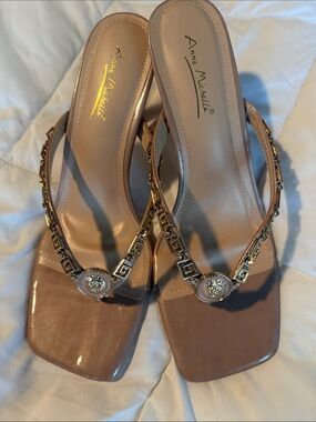 Anne Michelle Nude Patent Thong Mules with Gold Chain Trim